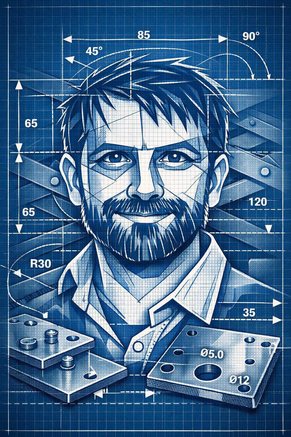 Marijn van den Heuvel — engineering blueprint portrait