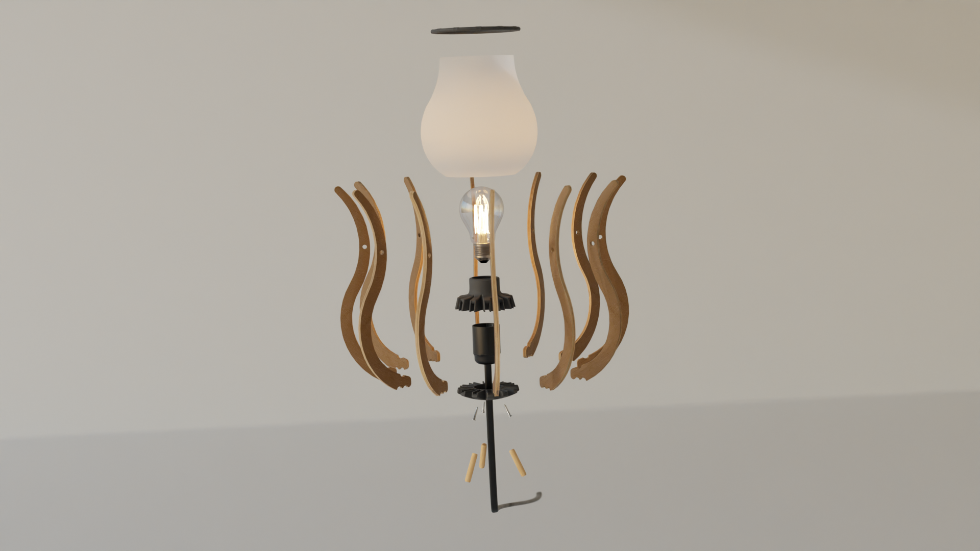 Exploded view van de Popped lamp — 3D-geprinte onderdelen, gefreesde multiplex lamellen en standaard koopdelen